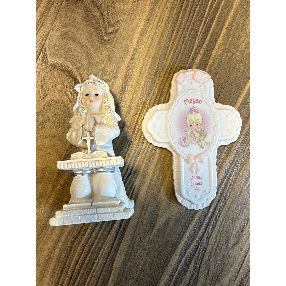 VTG Precious Moments Girl Figurine & Megan Baby Cross Set of 2 Religious
